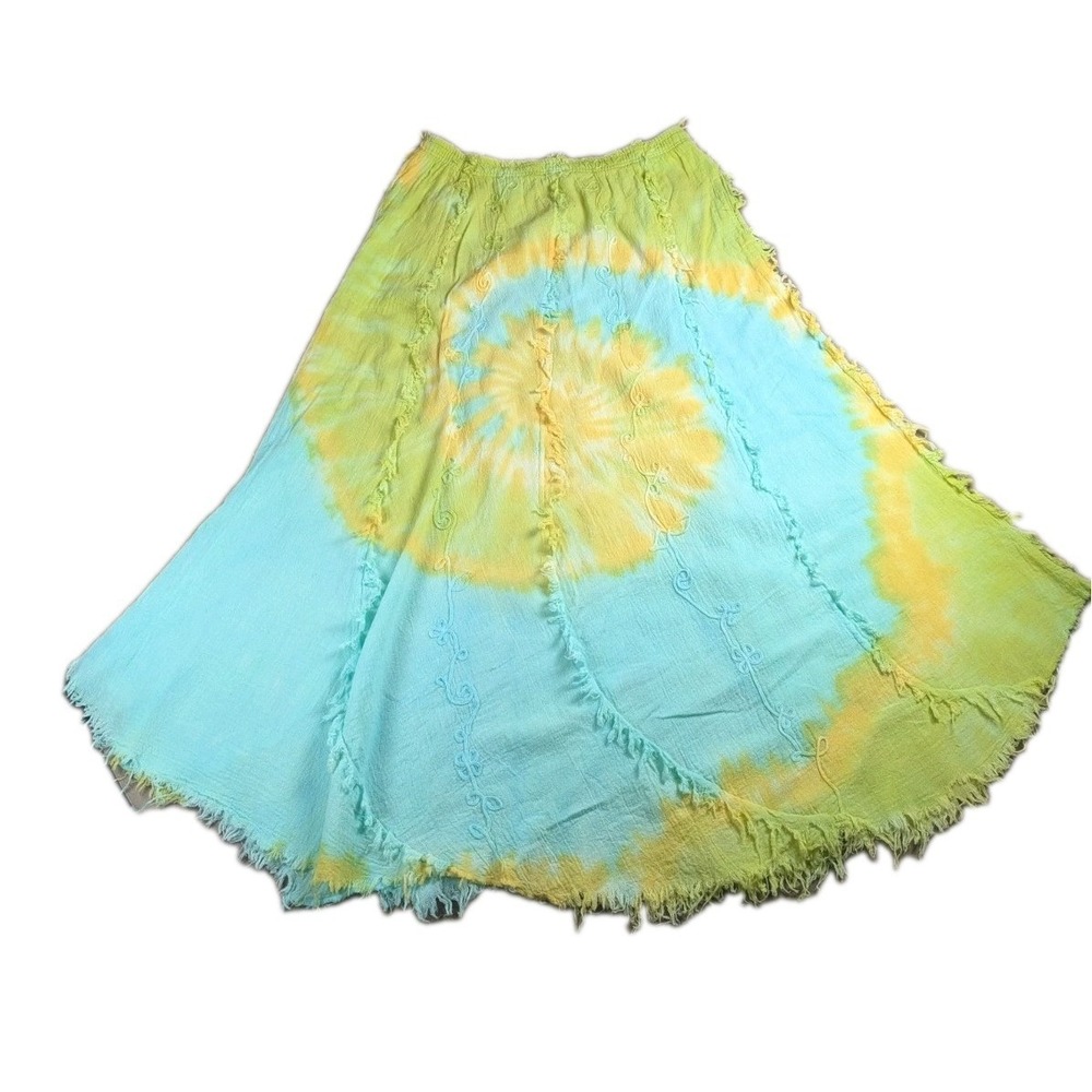 Sam Cristobal Tie Dye Boho Maxi Skirt One Size Yellow Green 100% Cotton Hippie